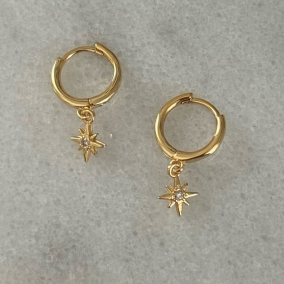 Modest Lu Jewelry - Gold Star Burst Crystal Dangle Huggie Hoop Earrings
Brand New